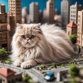 Fluffy Persian cat lies in the middle of toy skyscrapers