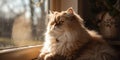 A fluffy persian cat lounging in a sunny window, watching birds outside, concept of Feline Relaxation, created with