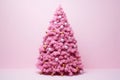 AI generated. Fluffy pink Christmas on pink wall background with toy balls with copy space