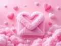 Fluffy Pink Envelope Surrounded by Hearts and Clouds in a Valentine\'s Day Theme Royalty Free Stock Photo