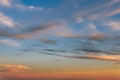 Fluffy pink orange long cirrus clouds in the evening blue sky