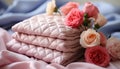 Fluffy pink pillow on bed, adorned with silk flower bouquet generated by AI Royalty Free Stock Photo