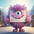 Fluffy purple cartoon monster smiling, holding a blank sign, one large eye