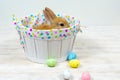 Fluffy Redheaded rabbit in a basket and colorful Easter eggs on a white table. Easter concept Royalty Free Stock Photo