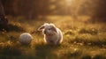 Fluffy Rabbit Playing Football in Sunlit Meadow: Joyful, Playful Animal Sports Image.