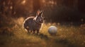 Fluffy Rabbit Playing Football in Sunlit Meadow: Joyful, Playful Animal Sports Image.
