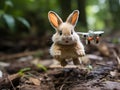 Fluffy rabbit soaring with toy airplane