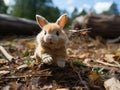 Fluffy rabbit soaring with toy airplane