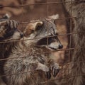 Fluffy raccoons in a cage stretch their paws and ask for food. Royalty Free Stock Photo