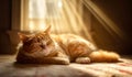 Fluffy red cat sleeps near the window