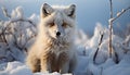 Fluffy red fox sitting in snow, looking at camera generated by AI Royalty Free Stock Photo