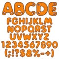 Fluffy redhead alphabet, letters, numbers and signs with pink paws. Set of isolated vector objects.