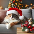 fluffy relaxed cat lying on a gray sofa in a Santa\'s hat