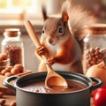 Squirrel stirring food in the kitchen