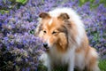 fluffy sable white shetland sheepdog, little sheltie sniffing blooming lavender