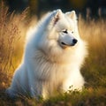 Fluffy Samoyed Dog Sitting in the Field - Generative AI