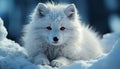 Fluffy Samoyed puppy sitting in snow, looking at camera generated by AI