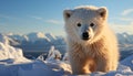 Fluffy Samoyed puppy standing in snowy arctic landscape generated by AI