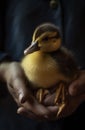 farm little hand duck girl bird duckling close-up yellow child. Generative AI.