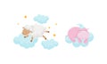 Fluffy Sheep and Hippo Sleeping on Soft Cloud Vector Set