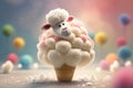 Fluffy Sheep in an Ice Cream Wonderland with Cotton Candy Clouds