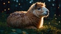 Adorable Alpaca Resting in the Twilight, Magical Fairy Lights Royalty Free Stock Photo