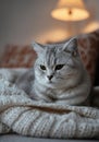 A fluffy silver cat is resting on a knitted blanket. The background features a warm lamp emitting soft light. The Royalty Free Stock Photo