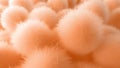 Fluffy soft peach fuzz color pom-poms closeup background with a delicate texture. Modern trendy tone hue shade