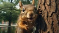 A fluffy squirrel climbing a tree trunk in the forest. generated by AI tool
