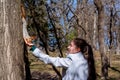 Fluffy squirrel held by claws on a tree and eating nuts from young girl hand in a resort park, sunny day, the city of Yessentuki, Royalty Free Stock Photo