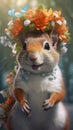 Fluffy Squirrel Wearing Orange Flower Crown with Big Blue Eyes AI Generated