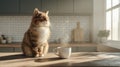 Fluffy tabby cat sits next to steaming cup of coffee in bright kitchen Royalty Free Stock Photo