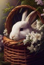 Fluffy-Tailed White Rabbit Amongst a Mixed Animal Still Life in a Basket of Flowers