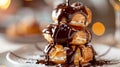 A fluffy tower of profiteroles filled with creamy vanilla pastry cream and drizzled with warm chocolate sauce