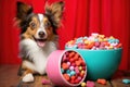 a fluffy toy terrier next to a red bowl filled with colorful dog treats Royalty Free Stock Photo