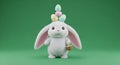 Fluffy White Bunny with Easter Eggs on Head and Basket Isolated on Green Background Render of Cute Toy Rabbit for Royalty Free Stock Photo