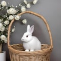 A fluffy white bunny with a fluffy tail, sitting in a basket1 Royalty Free Stock Photo