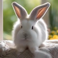 A fluffy white bunny with a fluffy tail, sitting in a basket5 Royalty Free Stock Photo