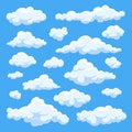 Fluffy white cartoon clouds in blue sky vector set. Cloudy day heaven