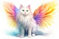 A fluffy white cat with colorful wings on a white background