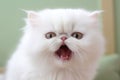 fluffy white cat with mouth open, showing tongue and teeth, persian breed