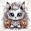 Digital Art of White Cat with Blue Eyes Sitting on Pumpkins Royalty Free Stock Photo