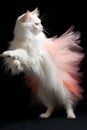 A fluffy white cat with a pink tutu. Generative AI image. Royalty Free Stock Photo