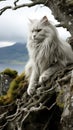 A fluffy white cat sitting on a rock, AI Royalty Free Stock Photo