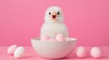 Fluffy White Chick Peeking from a Bowl of Pastel Pink Eggs on a Pink Background Royalty Free Stock Photo