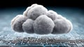 Fluffy white cloud hovering above a digitally rendered circuit board pattern. The Royalty Free Stock Photo