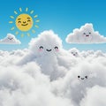 Fluffy white clouds, each with a playful, smiling face, float in a blue sky. A bright yellow Royalty Free Stock Photo