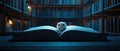 A fluffy white creature sits on a book in a dimly lit library with bookshelves in the background Royalty Free Stock Photo
