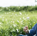 Fluffy white dandelion with flying seeds in female hand on background of green grass Royalty Free Stock Photo