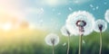 Fluffy white dandelions with flying seeds on sunny summer meadow. Dandelion wild field, wind is blowing. Nature banner background